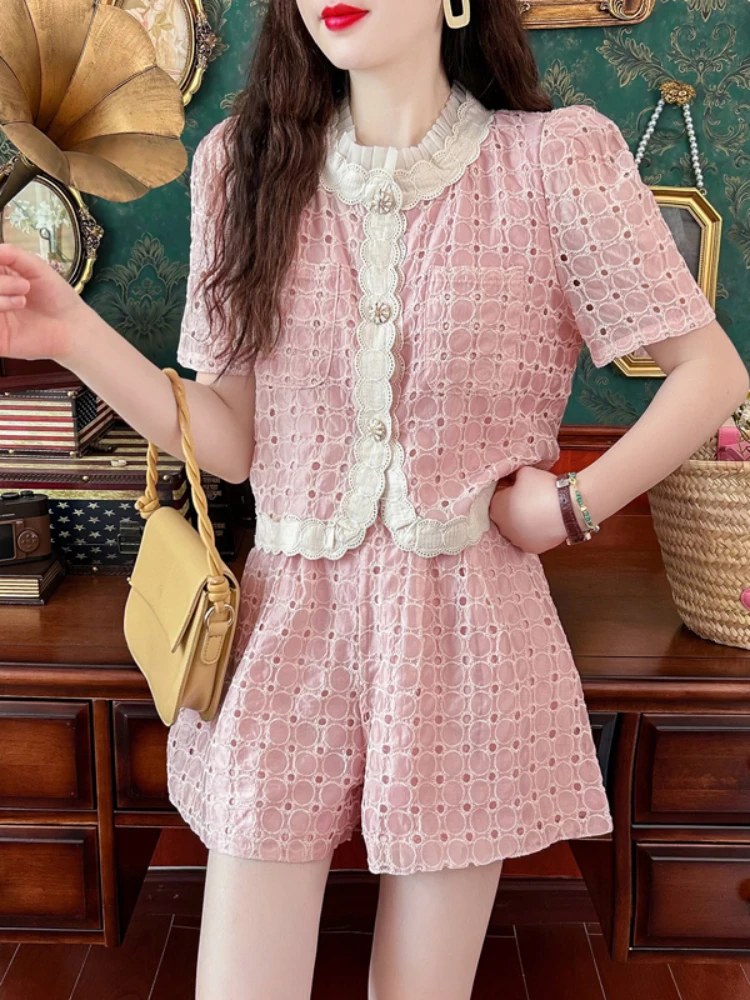 Summer Small Fragrance Commuter Suit Women 2024 High Quality Lace Ruffled Stitching Hollow Top Shirt+Wide Leg Shorts 2-Piece Set