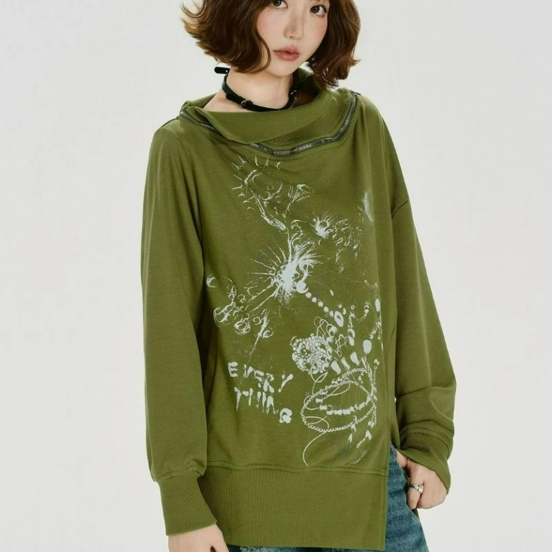 Spring/Autumn New Style Fashionable Loose Versatile Top American Retro Printed Zipper Design Long-sleeved Sweatshirt for Women
