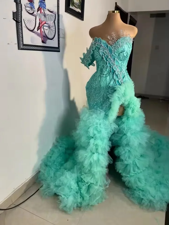 

Customized Mint Green Prom Dresses Long Train Mermaid African Black Girls Party Dress Ruffles Cloud Women Evening Gowns Gala