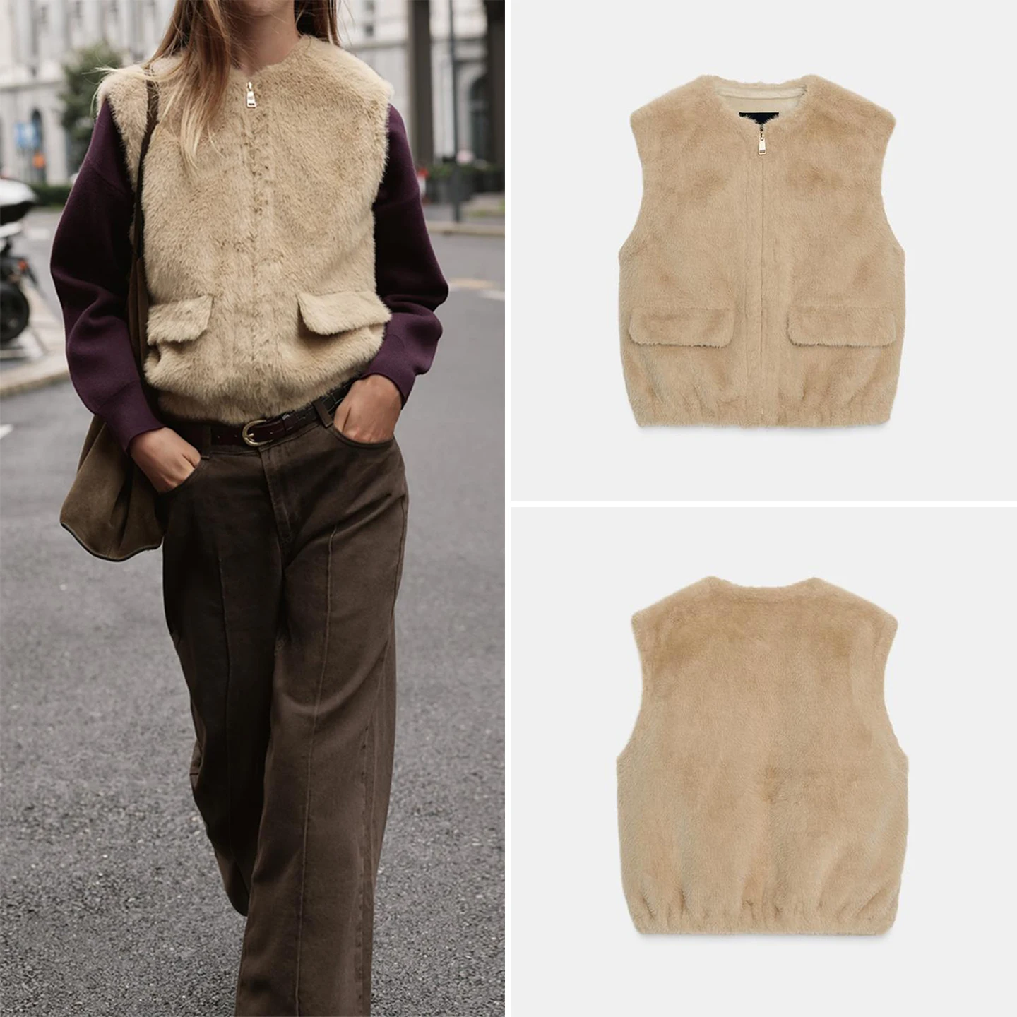 

Z Women's Faionable Artificial Fur Effect Vest 2025 New Zipper Design Commute Sle round Ne Pure Color Materni Vest