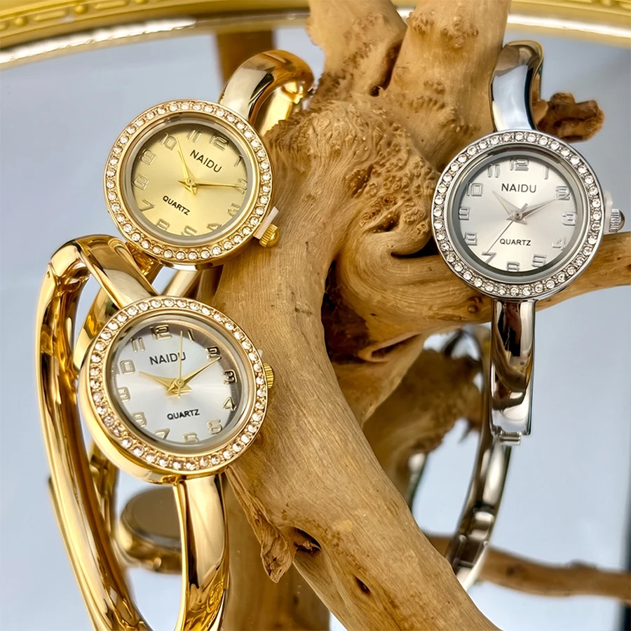 Small Watch for Woman: Round Diamond-Set Dial Slim Bangle Band Petite Delicate Women's Wrist Watch