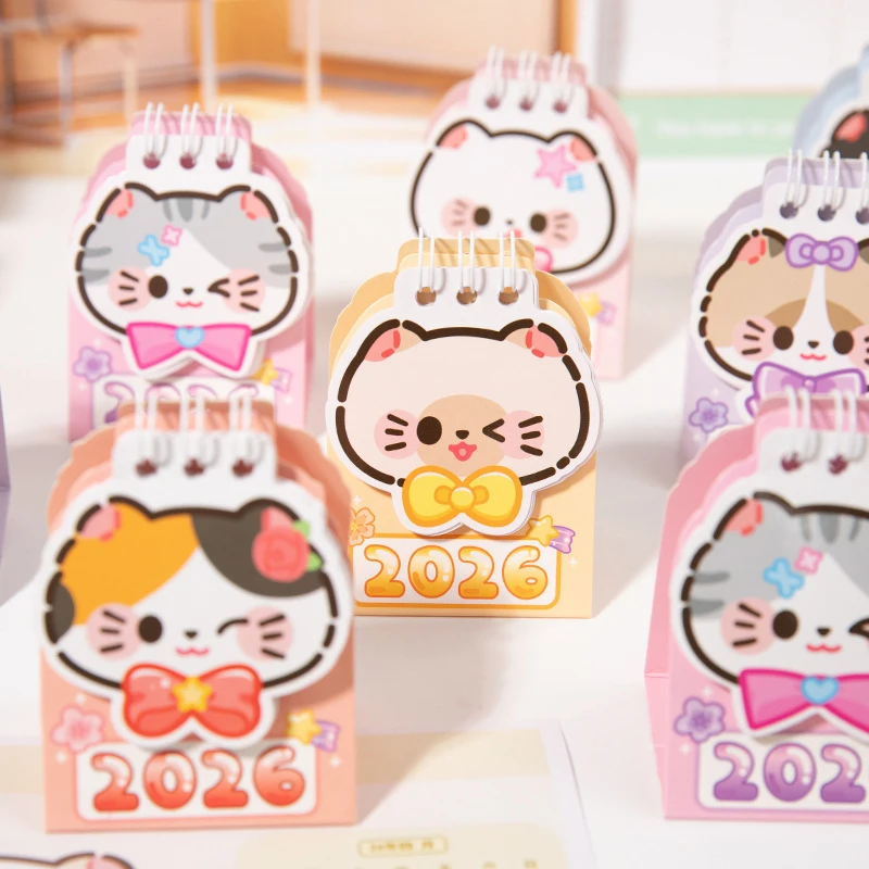

Mini Portable 2026 Desk Calendar Kawaii Cat Shape Coil Calendar Book Cute Daily Planner Organizer Time Management Back To School