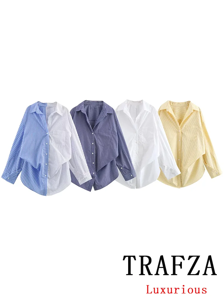 

TRAFZA Casual Chic Women Shirts Striped Spliced Single Breasted Loose Blouse Fashion 2025 Spring Summer Elegant Shirts Tops