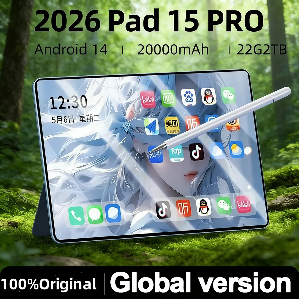 Планшет 2026 Pad 15 Pro 5G на Android 14, Snapdragon 888, 22 ГБ ОЗУ + 2 ТБ ПЗУ, 20000 мАч, с поддержкой 5G, Dual SIM, Wi-Fi, HD 4K, Оригинальный планшет