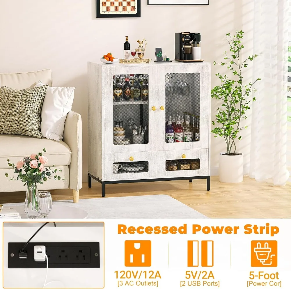 Aparador Buffet Cabinet com gavetas, Wine Bar Cabinet com Power Outlet, LED Light, Armazenamento de cozinha