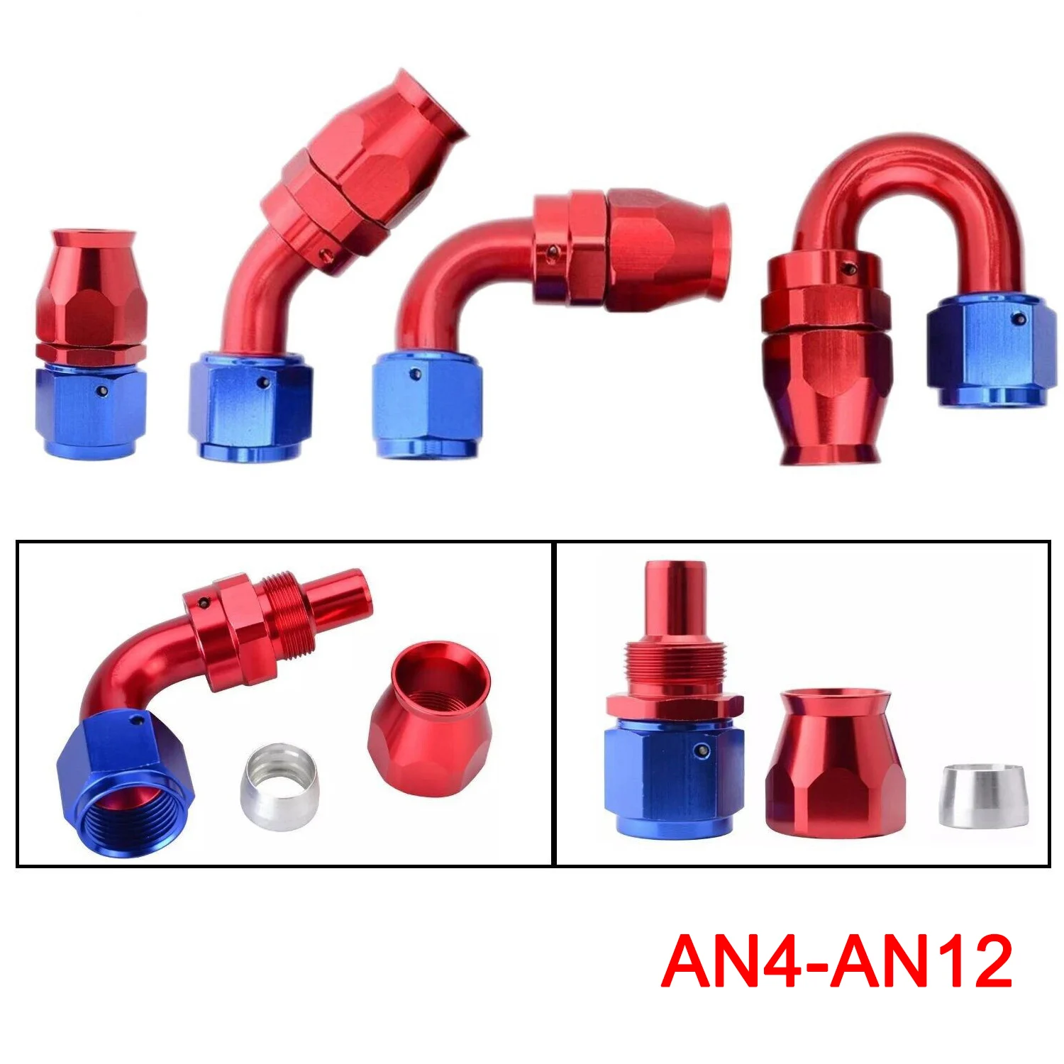 AN4/AN6/AN8/AN10/AN12 Straight 45 90 180 Degree PTFE Hose End Fitting Adapter for Oil Fuel Gas Hose Line