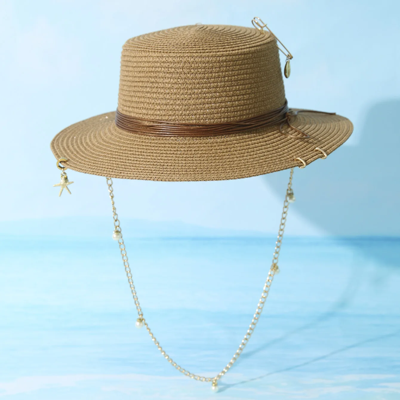 Beach Straw Hat with Chain, Пляжная шляпа с цепочкой, Summer Sun Cap
