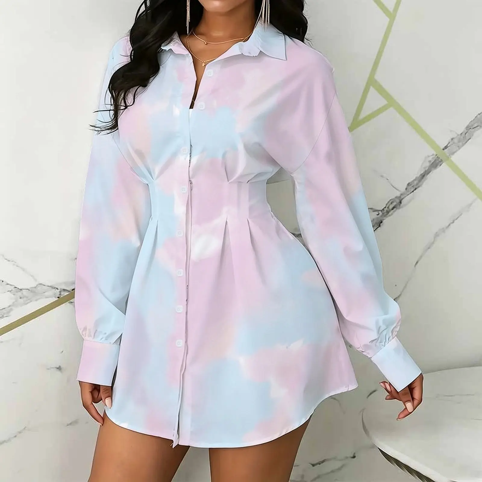 Plus Size Fashion Waist Cinching Long Sleeved Daily Elegant Wear Autumn Blouse Commuter Top Winter Women's Printed Button Shirt