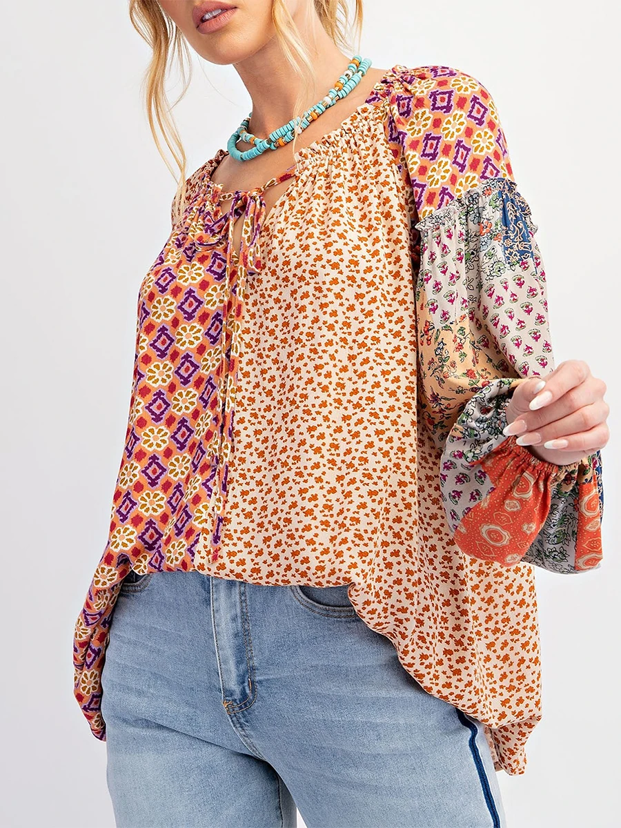 Blusa feminina com estampa floral estilo étnico manga comprida gola redonda amarração frontal patchwork camisas boho primavera outono pulôver tops y2k