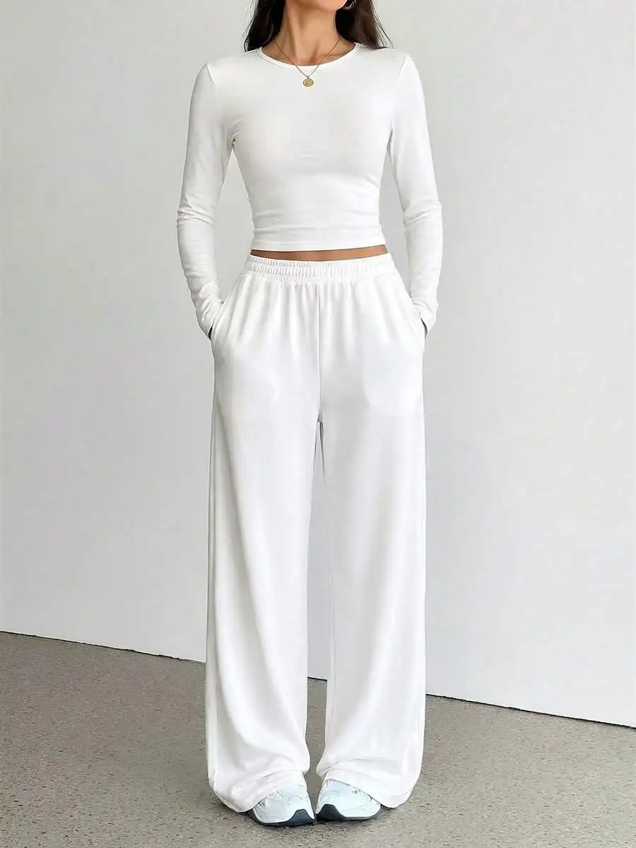 

Womens Casual Long Sleeve Crop Top And Wide Leg Pants Two Piece Set