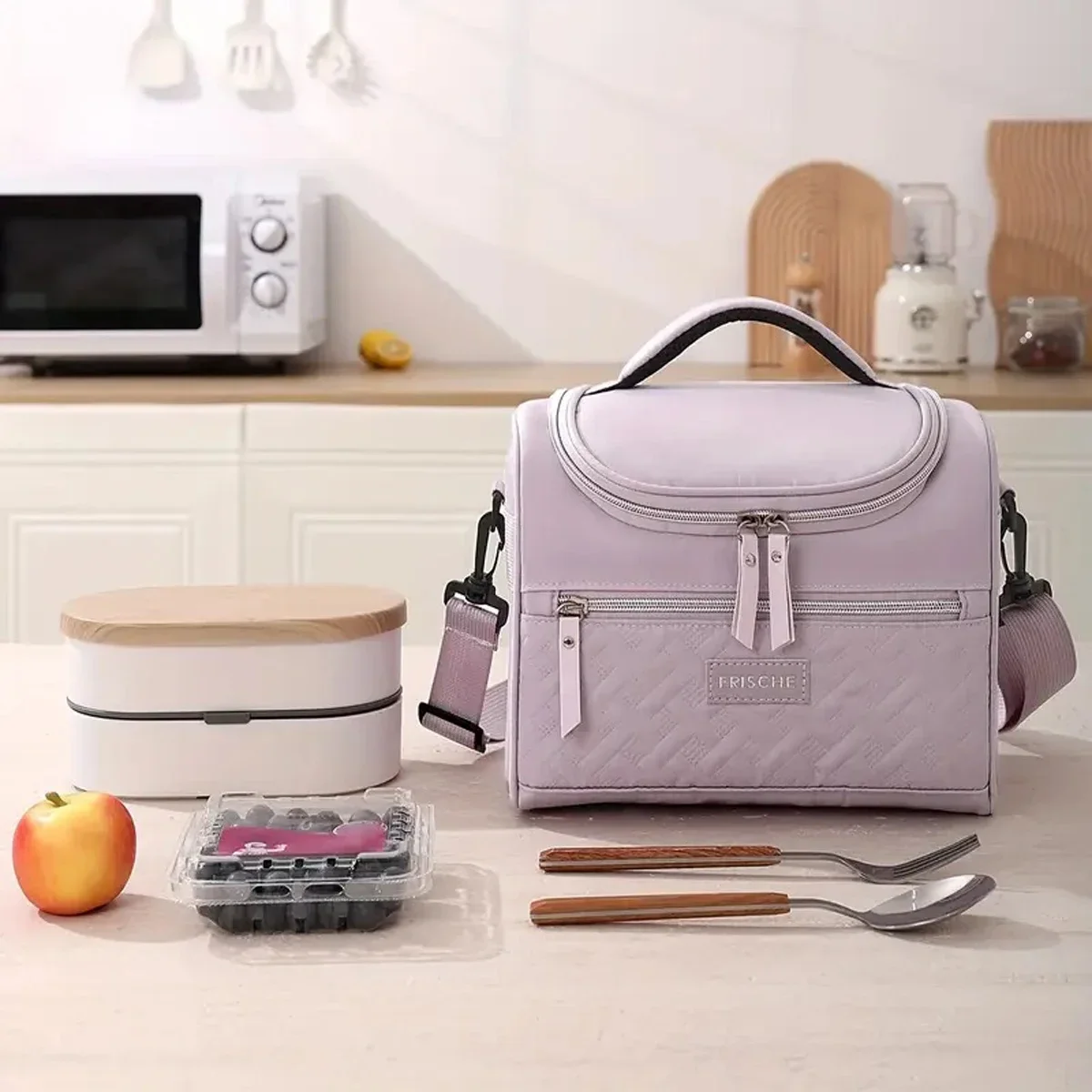 حقيبة غداء كبيرة معزولة ومبردة يدويًا وقابلة للغسل ومتينة من البوليستر مع حزام كتف مبطن للعمل والمدرسة والنزهات