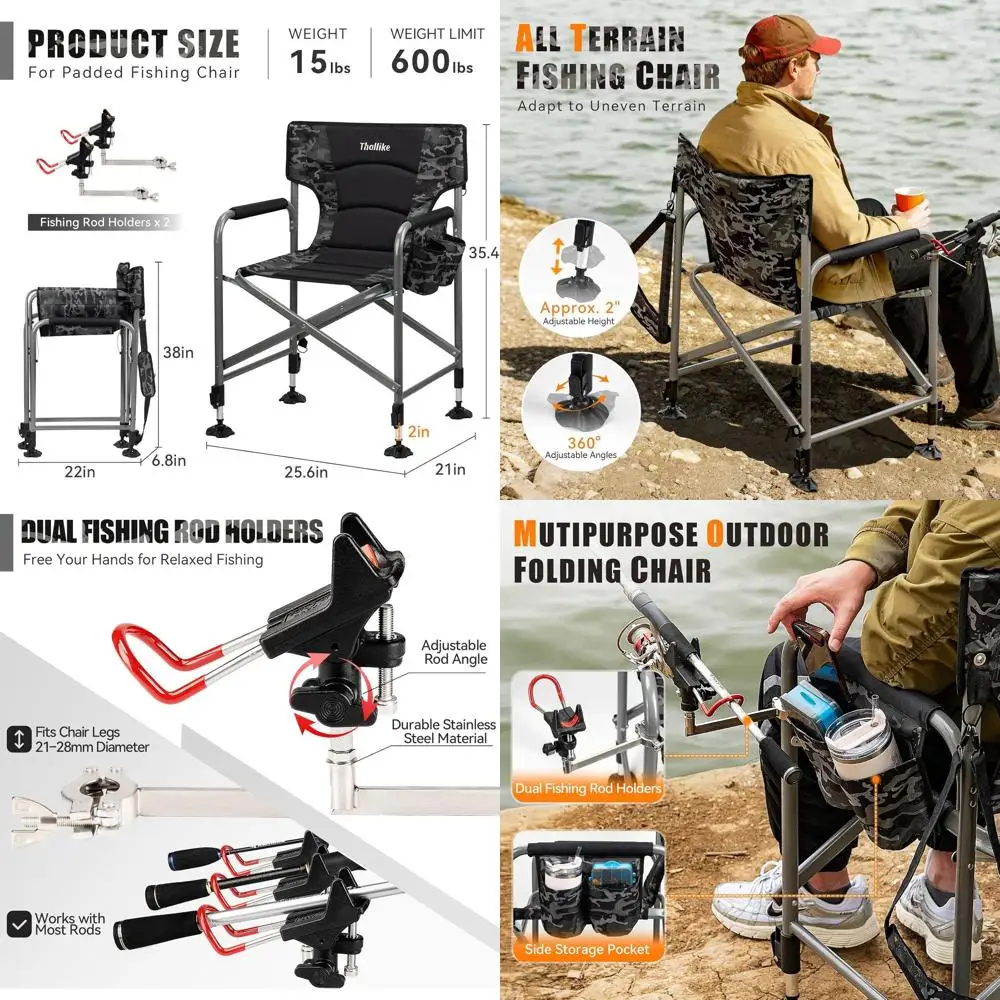 

Padded Folding Fishing Chair with 2 Rod Holders for Adults Heavy Duty Adjustable Legs Outdoor Camping Chairs with Side Pocket Sh