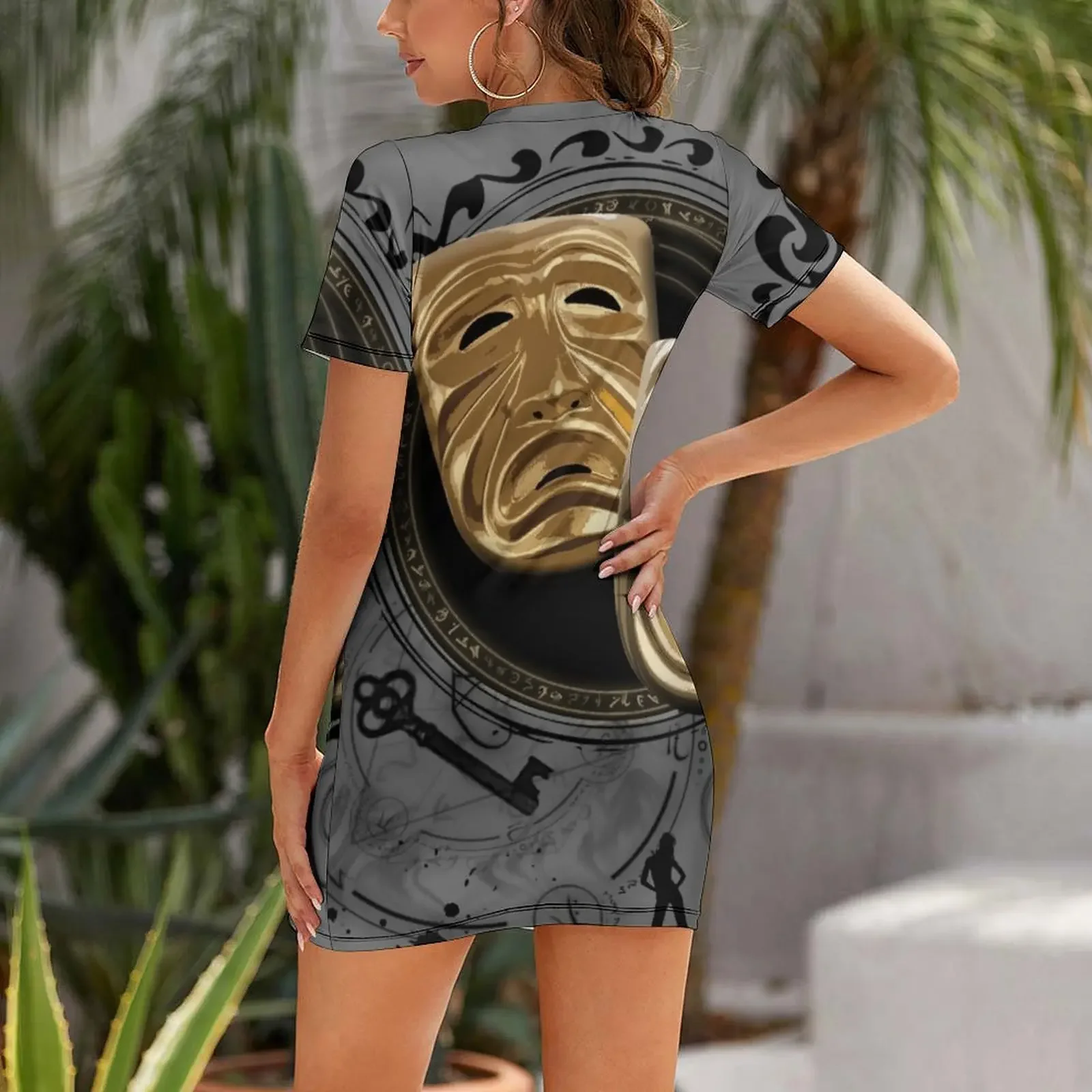 Gold Drama Masks Short-Sleeved Dress summer outfits for women 2026 summer dresses womens 2026 dress korean style Dress