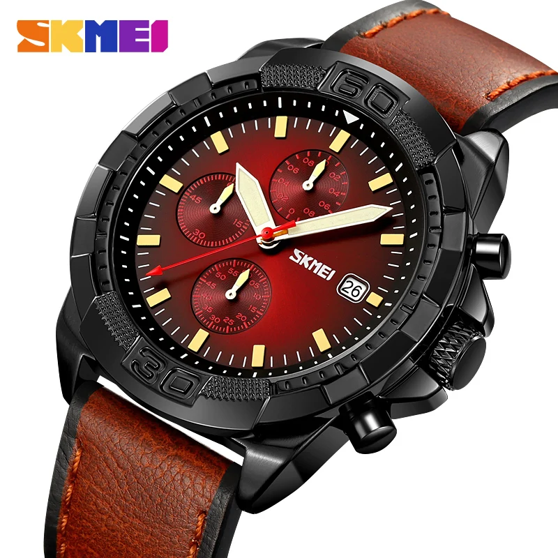 

SKMEI Fashion Men's Watches 3Bar Waterproof Quartz Wristwatches Top Brand Leather Strap Date Time Watches Clock Male