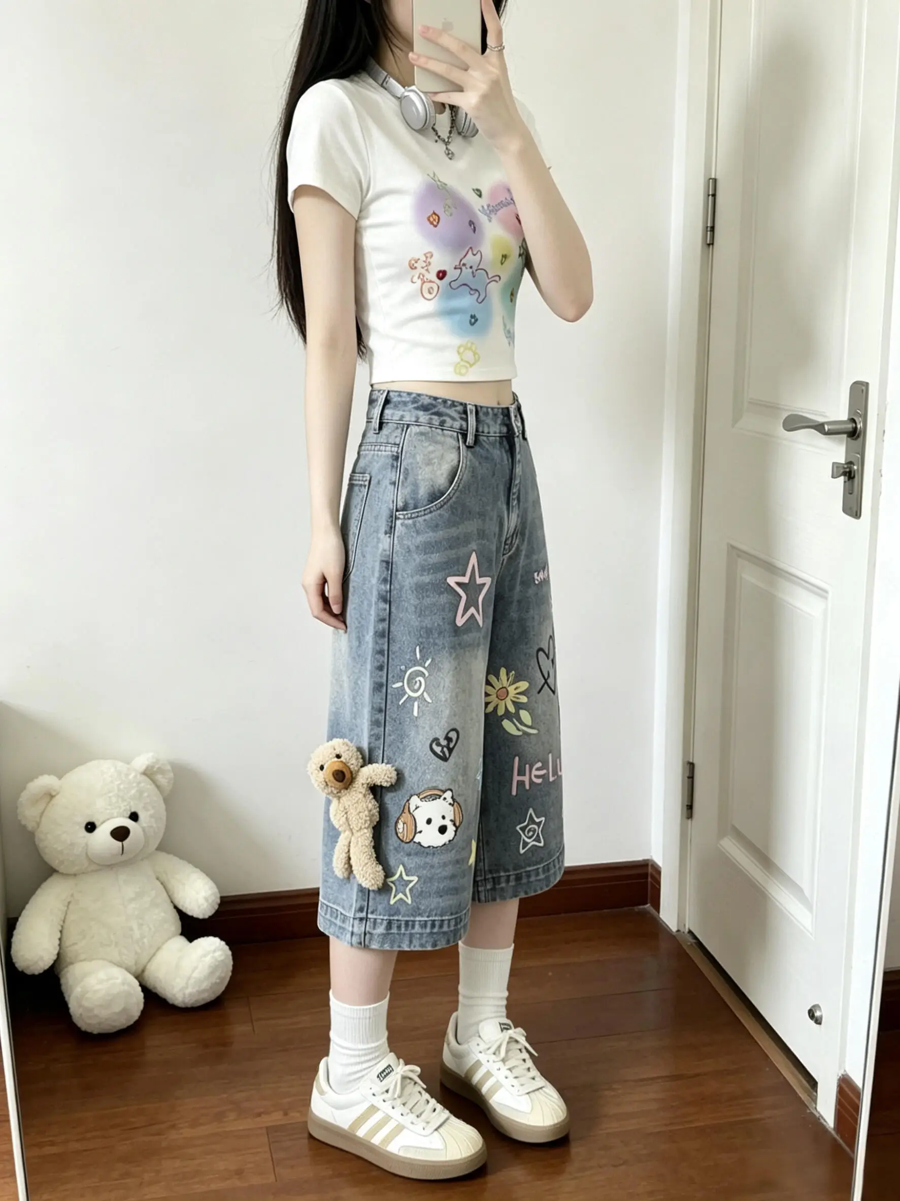 Sweet Cool American Style Dog Graffiti Seven-Foot Women's Jeans Summer Design Loose Straight Leg Wide Leg Mid-Length Pants