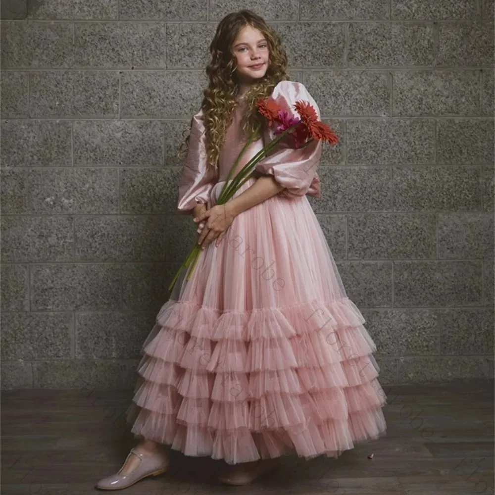 Customized Dusty Pink Kids Maxi Tulle Dress Puff Bubble Long Sleeve Satin Bodice Multi Tier Ruffle Layer Skirt Birthday Wedding