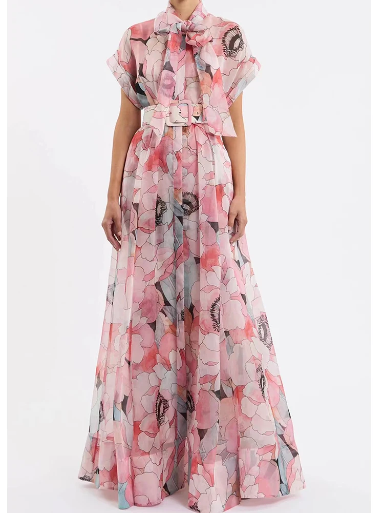 2025年夏新作 レディース ファッション 海辺リゾート風 プリントロングスカート 上品な蝶結びベルト付き ウエストマークAラインロングドレス