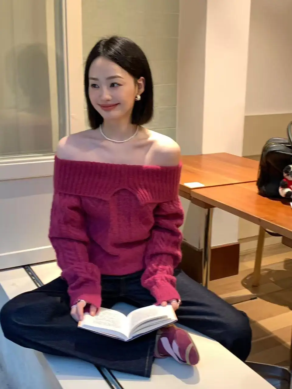 Ele Lange Gebreide Trui met Blote Schouders, Omgeslagen Kraag, Zacht, Gezellig, Camera, Herfst-Winter Design, Modieus Dames...