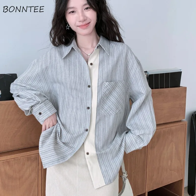 

Рубашки для женщин, универсальные полосатые повседневные свободные лоскутные модные осенне-зимние топы, шикарные корейские стильные рубашки с длинным рукавом