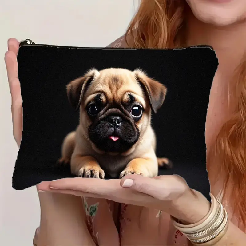 Cute Pug Print Cosmetic Bag，Features a smooth zipper closure，Lightweight, portable, and soft makeup organizer bag，Vivid animal p