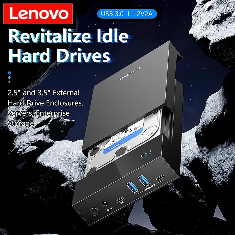 

Lenovo 2.5/3. 5 HDD/SSD Enclosure with USB3.0 HUB support 18TB TYPE C TO SATA Adapter tool free HDD case with 12V Power ada