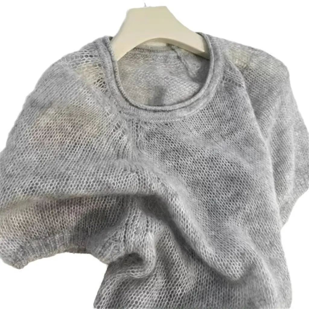 

Women's Mohair Short-Sleeved Sweater Puff Sleeve round Neck Pullover Top for Autumn Winter High-End Fashion