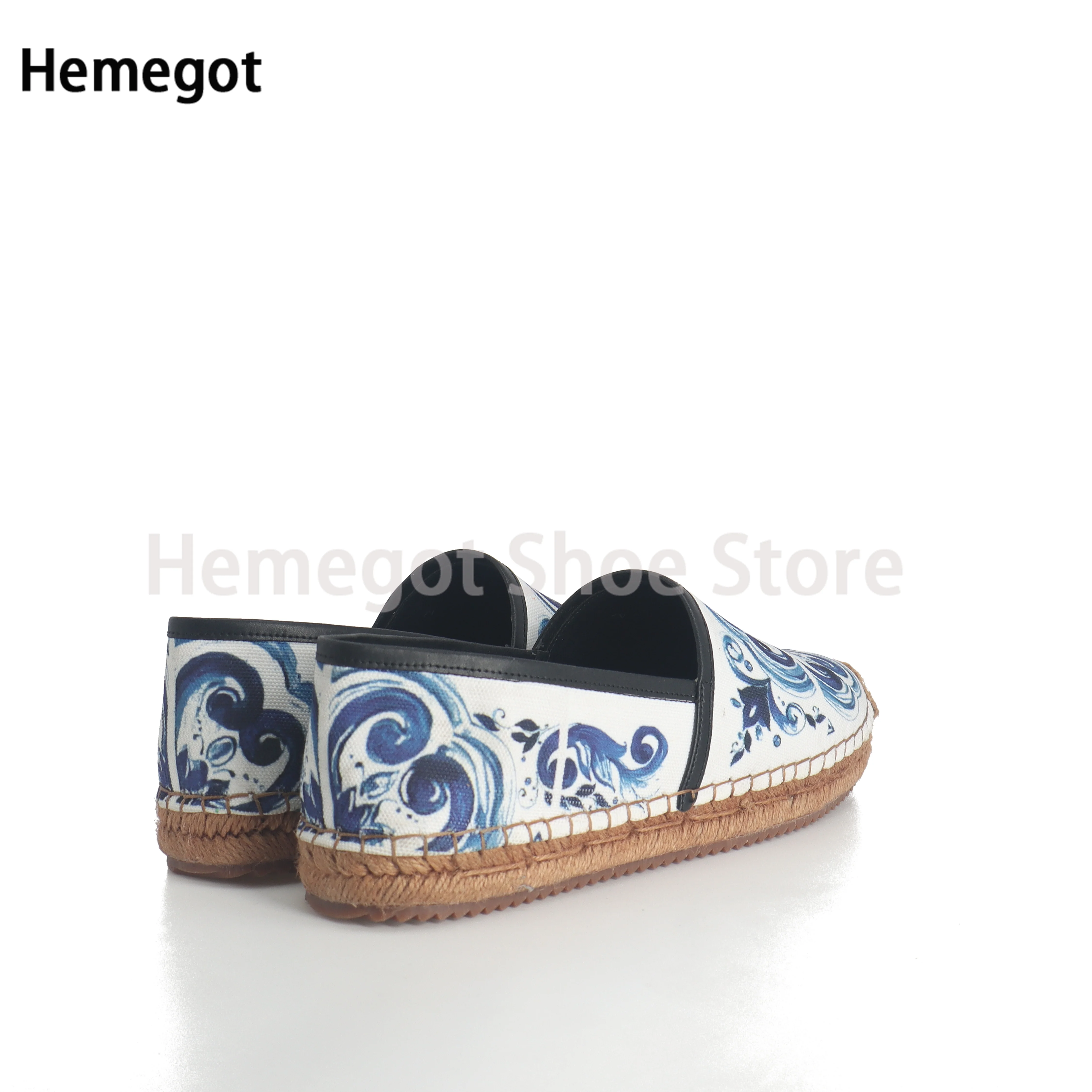 Blue and White Porcelain Hemp Rope Men Flats Hand-Painted Shoes Daily Casual Flat Fisherman Shoes Single Shoes 39-48