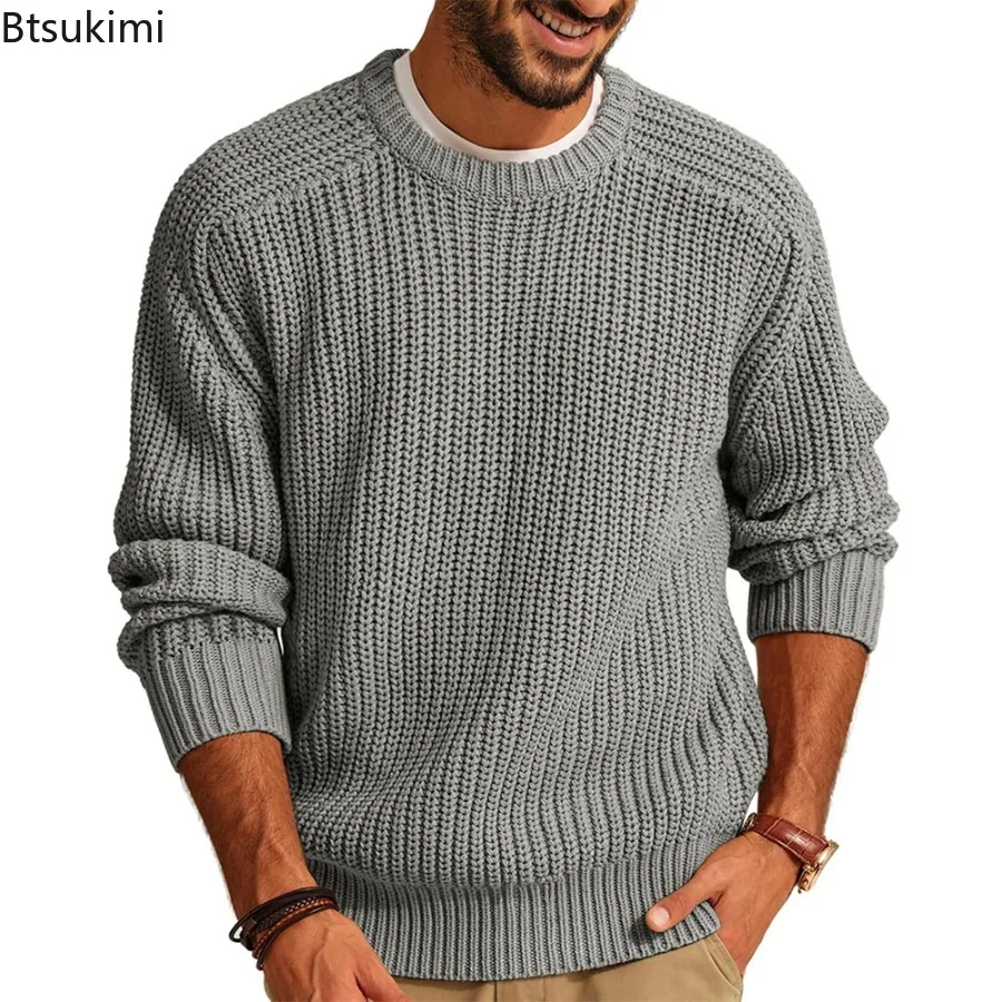 2025 الخريف الشتاء الرجال جديد بلون طويلة الأكمام طاقم الرقبة محبوك سترة الذكور موضة عادية فضفاض Vintage متماسكة البلوز