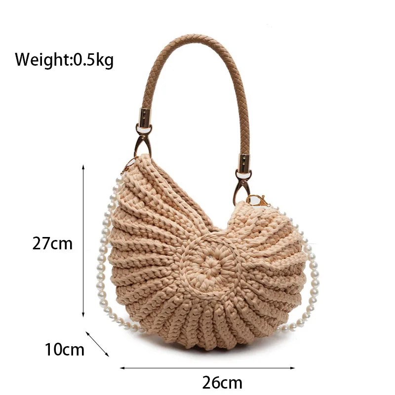XMESSUN New Trendy Conch Shell Knit Crochet Handbag,Fashion Woven Shoulder Crossbody Bag,Ladies Pearl Chain Sling Holiday Bag