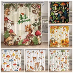 Autumn Mushroom Shower Curtains Cartoon Animals Squirrel Deer Pumpkin Sunflower Plants Bath Curtain for Bathroom Decor Polyester