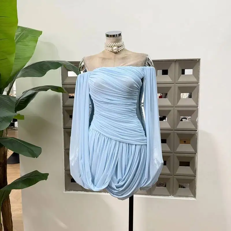 IEQJ Summer Irregular Blue Slash Neck Pleats Dress Women Long Sleeve Tight Waist Mini Dresses New 3A2052