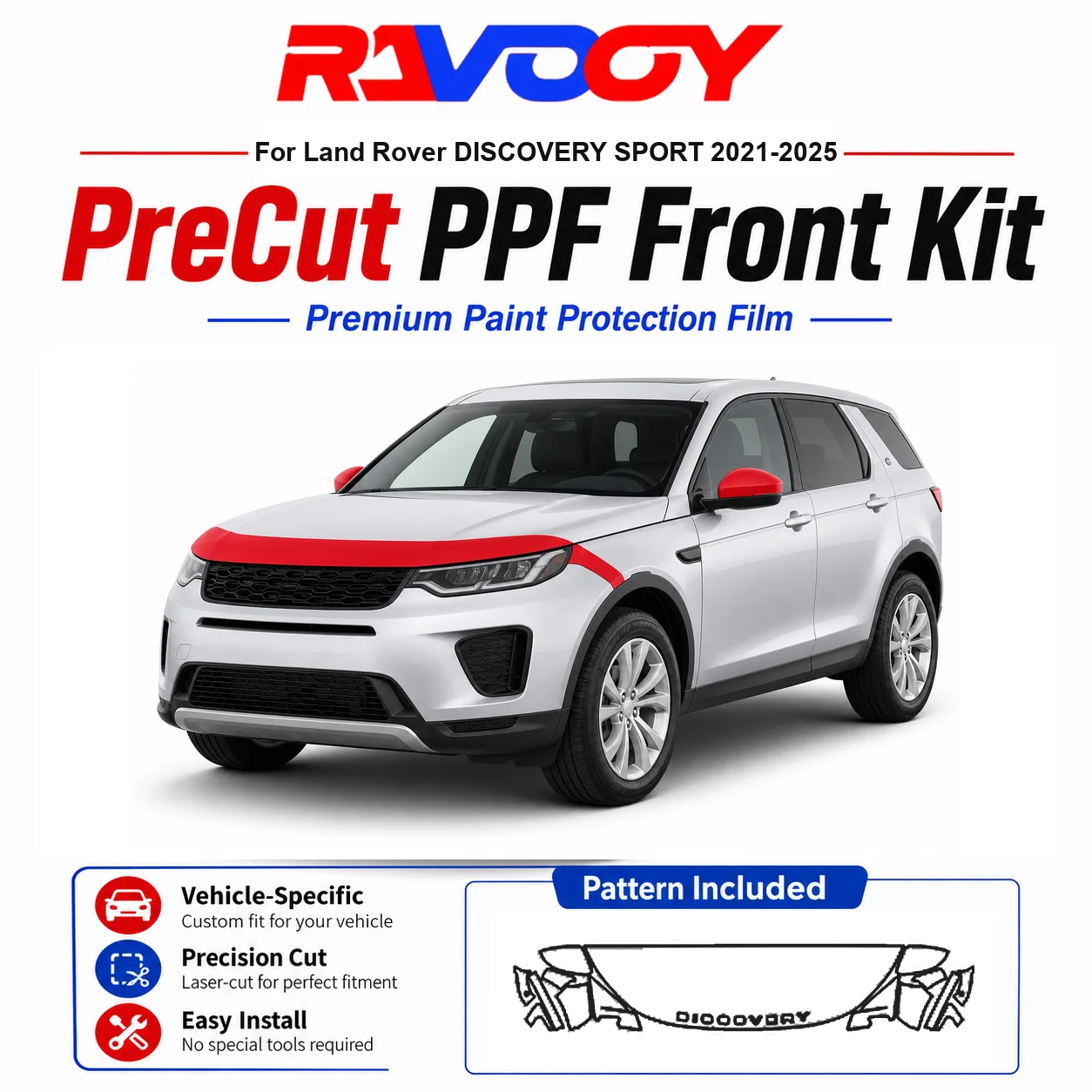 Kit de protection PPF pré-découpé en TPU 8,5 mil pour Land Rover DISCOVERY SPORT 2021-2025 - Ensemble capot, ailes et rétroviseurs - Film transparent auto-réparant