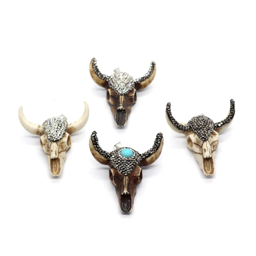 1pc Natural Bull Head Skull Pendants Resin with Rhinestone 47x47 Size DIY Making Necklace Jewelry Accessions 4 Types for Choice