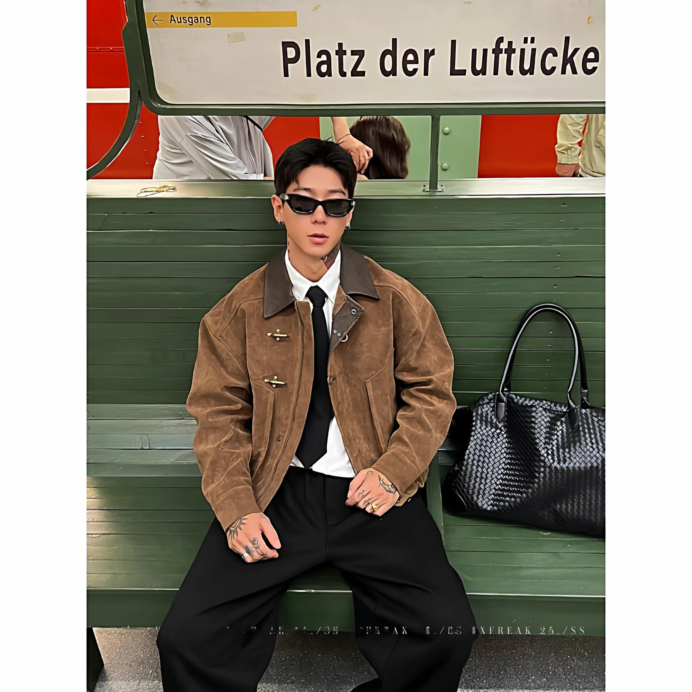 Brown Suede Workwear Jacket Men's Short Loose Collar Outerwear Youth Fashion Polyester Cotton Blend Autumn Winter Coat