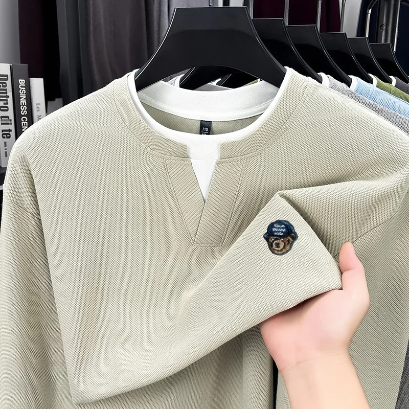 100% Baumwolle Herren Mode-Design Stickerei O-Ausschnitt T-Shirt Frühling Herbst Langarm Pullover Oberteile Business Komfort Herrenbekleidung – Detail 5