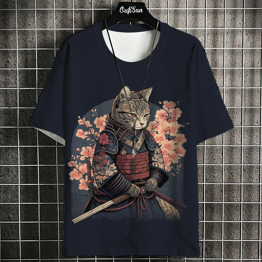 Samurai Cat T-Shirt For Men Summer Trendy Japanese Short Sleeve Tees Oversized Streetwear Casual Sweatshirt Male Clothing Tops