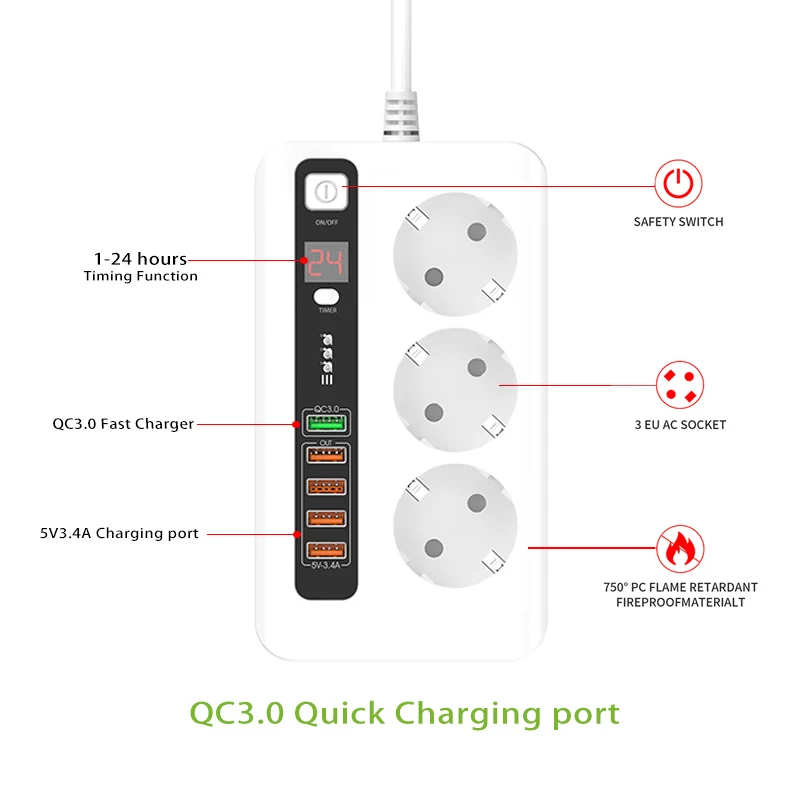 Европейский удлинитель питания с функцией таймера, розетки 3 переменного тока + 5USB 5 в а с разъемом QC3.0 для быстрой зарядки
