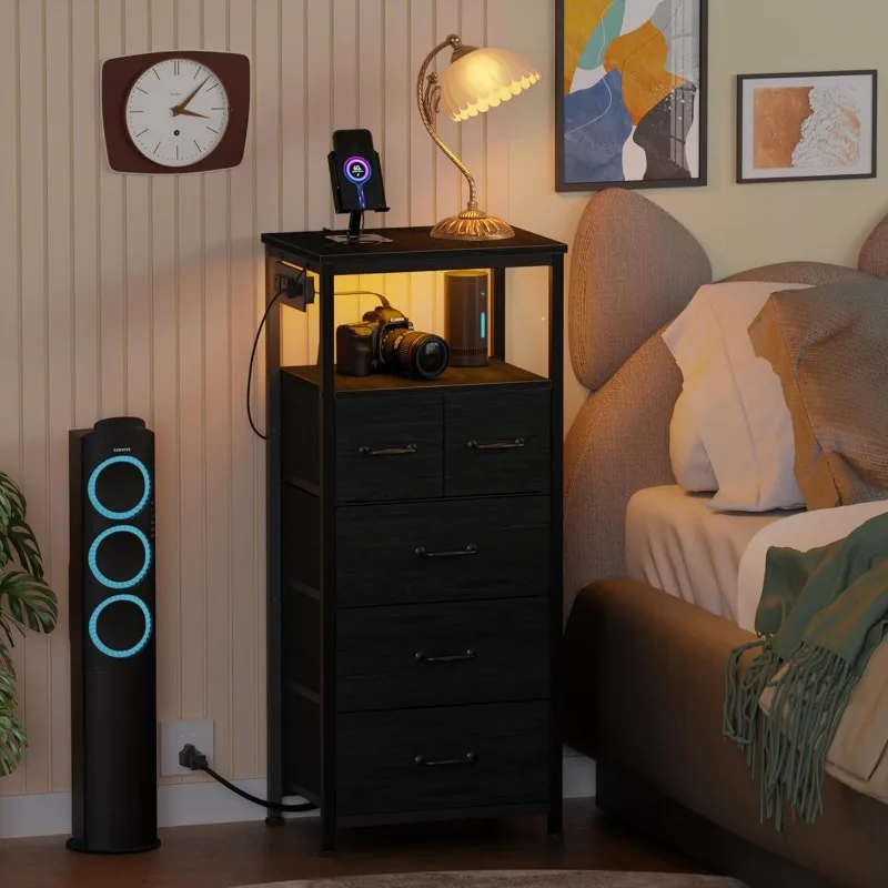 Dresser for Bedroom, Tall Nightstand, Vertical Chest with Wood Top, Charging Station, LED Lights, 5 Fabric Bins