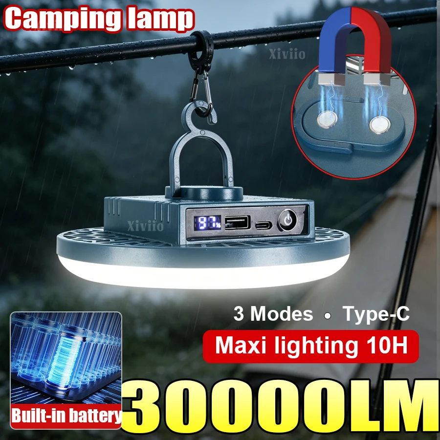 Portable 30000LM LED Camping Lantern, Rechargeable Tent Light with Digital Display, Magnetic Base & Hook, 3 Modes, 10H Working T