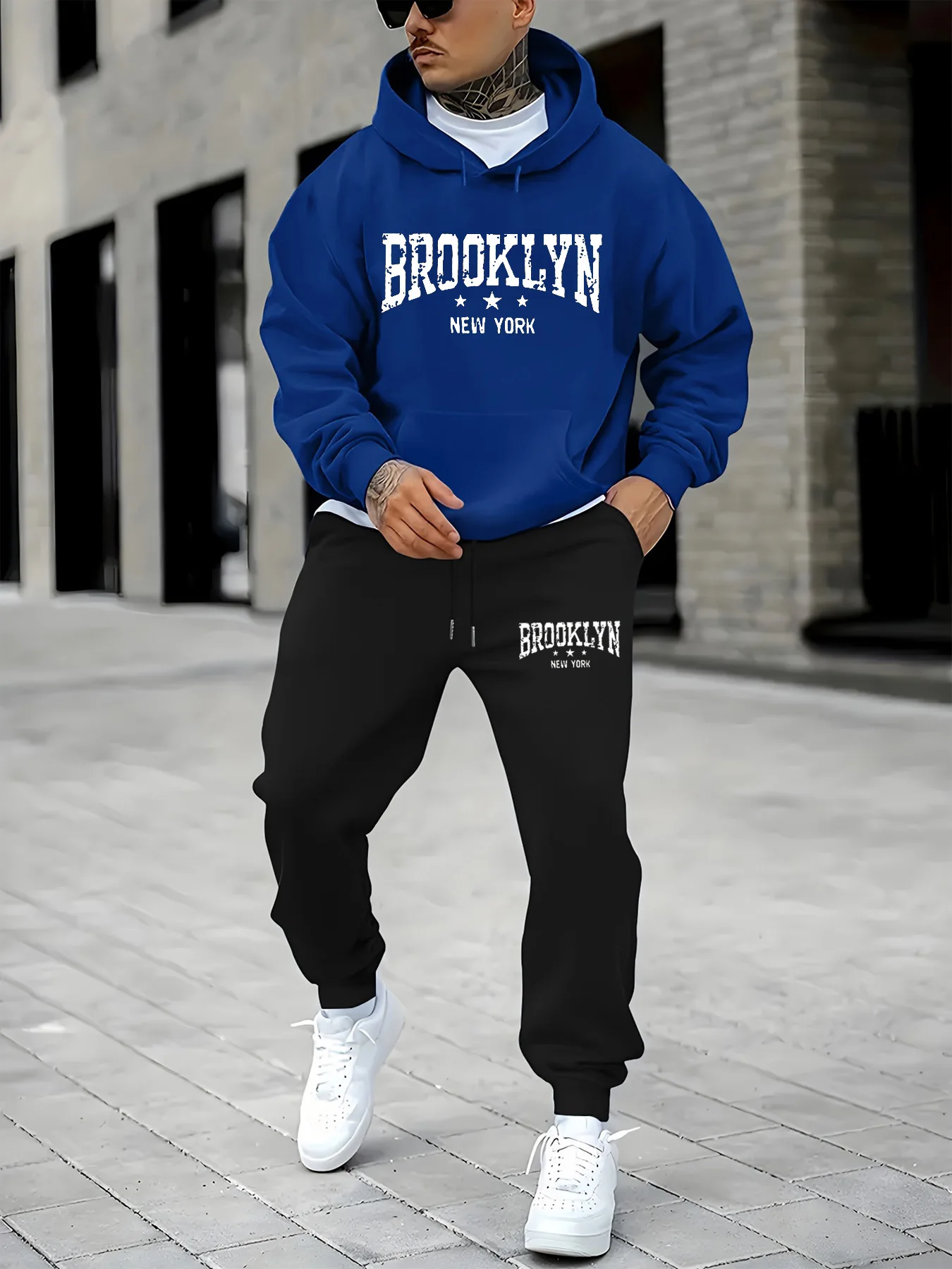 Heren Brooklyn New York bedrukt herfst/winter casual mode losse pluche dikke capuchon + joggingbroek set