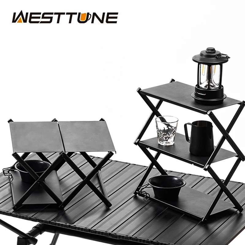 WESTTUNE Camping Three-tier Rack Outdoor Folding Storage Shelf Portable Desktop Organizer Shelves Picnic BBQ Storage Rack Table