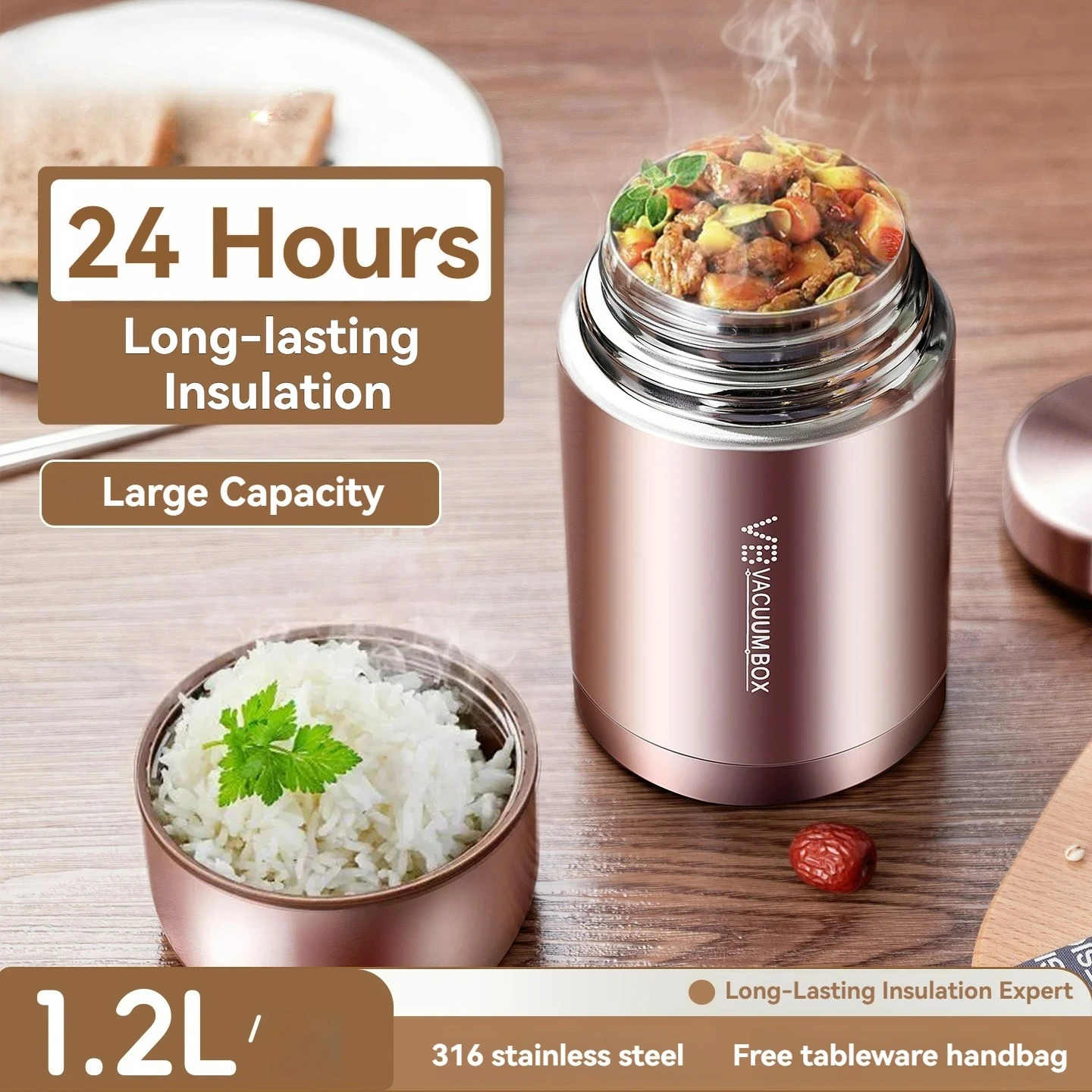 Insulated Thermal Food Container Stainless Steel 316 Large Capacity Rice Box for Outdoor Camping Travel
