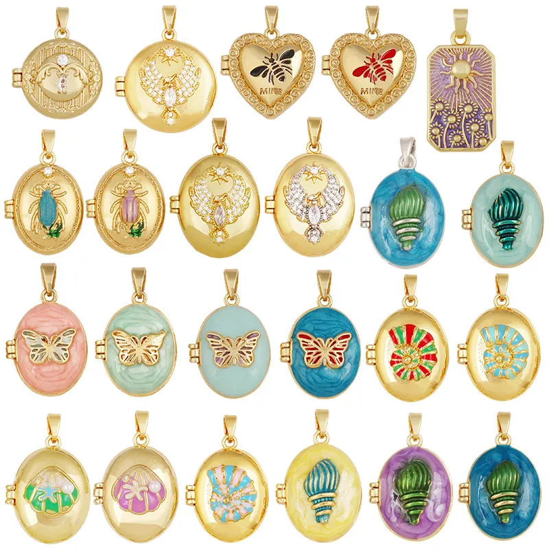 Trendy Butterfly Bee Insect Conch Shell Photo Locket Enamel Charm Pendant,Handmade Necklace Jewelry Making Findings Supply J21
