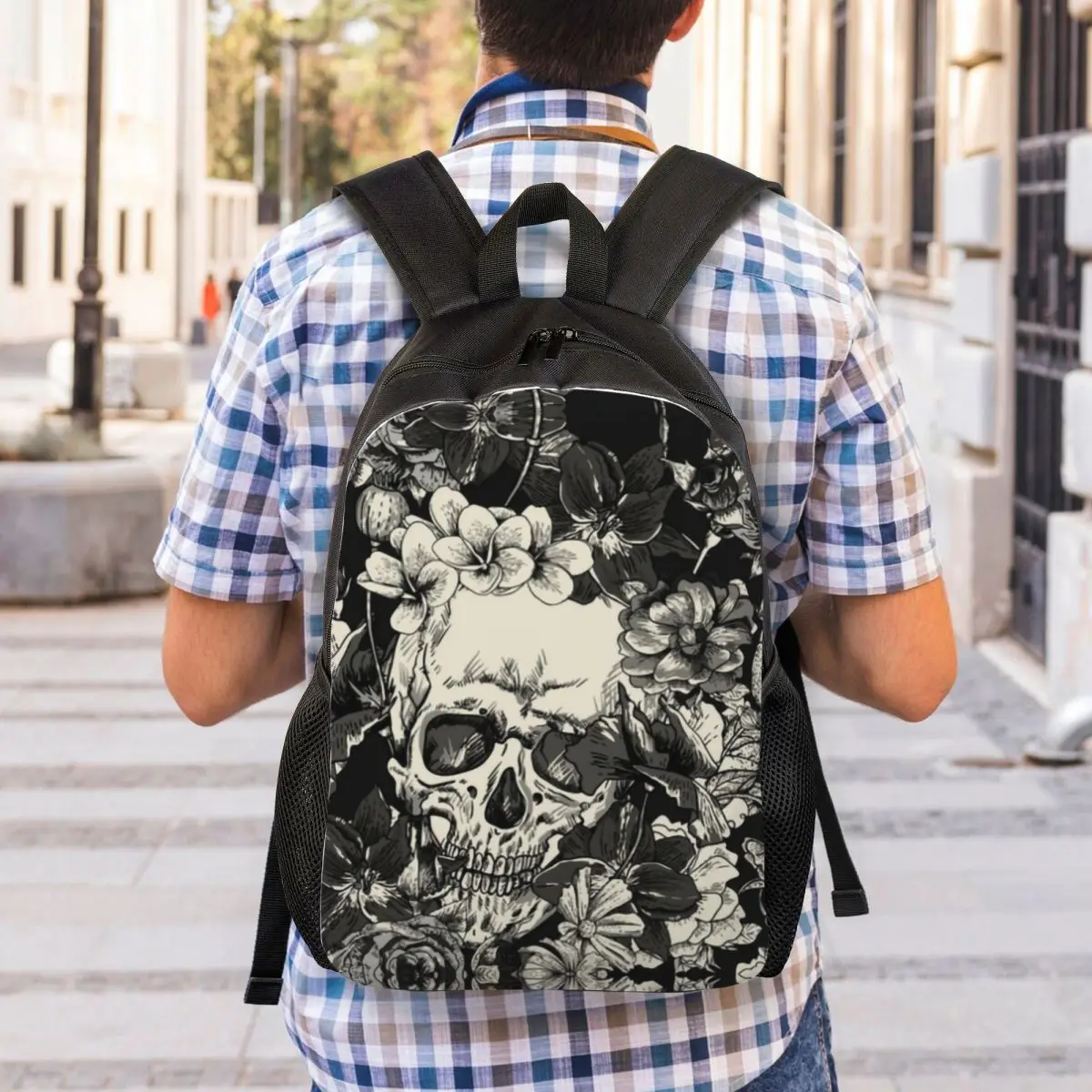 Mochila Crânios e Rosas para Homens e Mulheres, Escola, Estudantes Universitários, Bookbag, Fits 15 "Laptop, Moth Gothic Bags