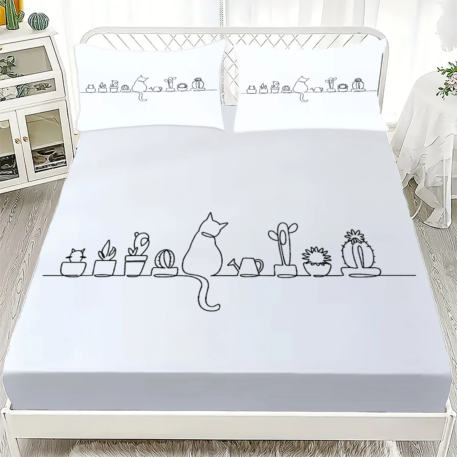 3pcs White Fitted Sheet Set Lovely Cartoon Cat Dog Print 100% Polyester Breathable Bedding Set for Home Decor with 2 Pillowcases