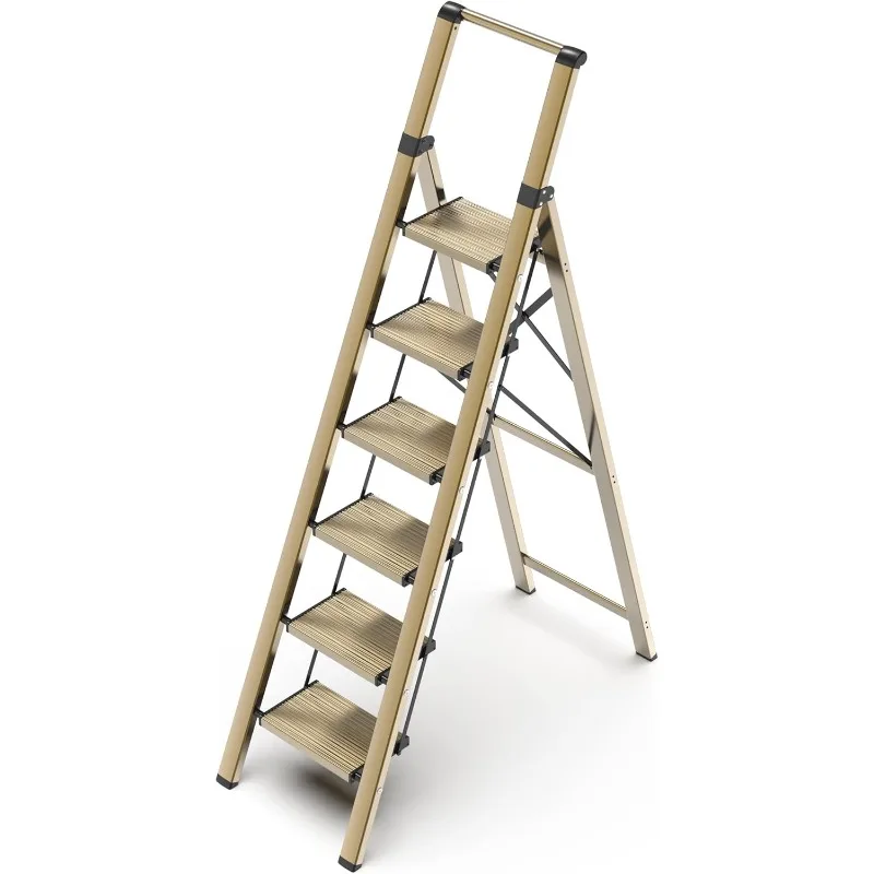 Gold  6 Step Ladder for 12 Feet High Ceiling, Stepladders with Anti-Slip and Wide Pedal for Home Use Space Saving