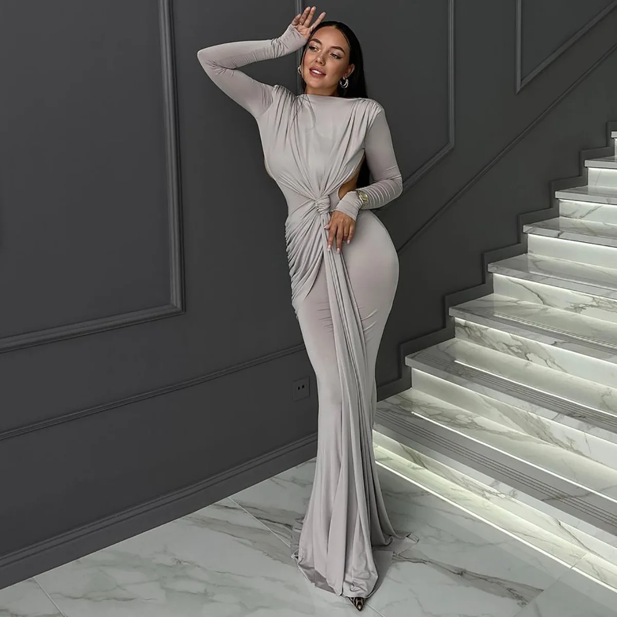 Vestido largo ajustado con espalda descubierta para mujer, traje Sexy de manga larga con nudo, color gris y negro, para fiesta de noche, otoño e invierno, 2024