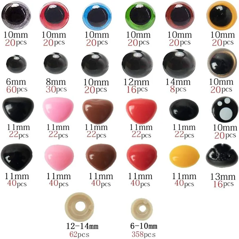 ODIES-1040Pcs 6-14 مللي متر عيون السلامة البلاستيكية لتقوم بها بنفسك مزيج حجم الكروشيه الحيوان العين لملحقات العين والأنوف مجموعة #6