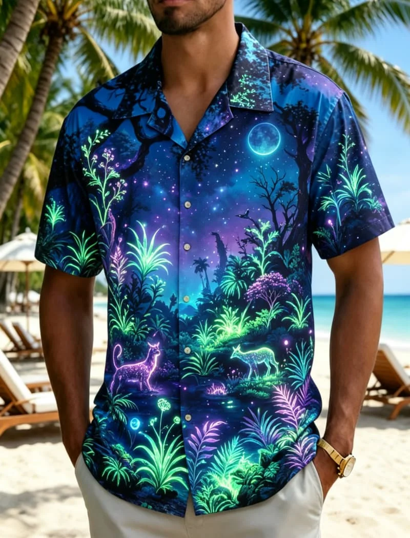 Men's Fantasy Nature Print Short Sleeve Lapel Shirt, for Summer Holiday, Beach Trips, Daily Outings & Casual Wear