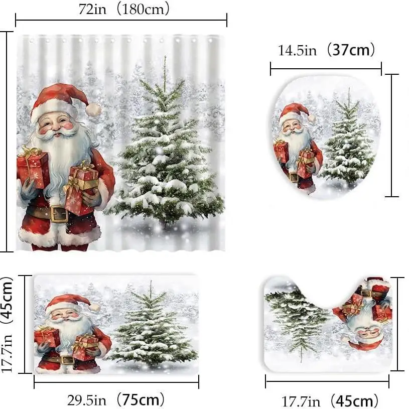4pcs/set Christmas Shower Curtain Set Bathroom Rugs Toilet Lid Cover Bath Mat Santa Claus Countdown Xmas Shower Curtain W24-819